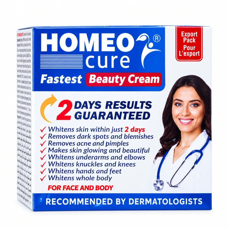 A box of Homeo Cure Fastest Beauty Cream, featuring a blue and white design with a photo of a smiling woman on the front, set against a plain white background.
