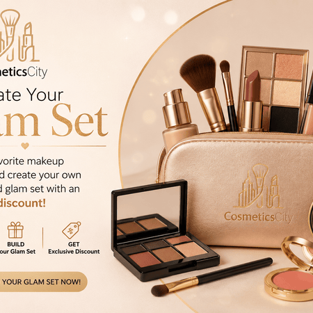 CosmeticsCity glam set with makeup products and a discount offer on a beige background