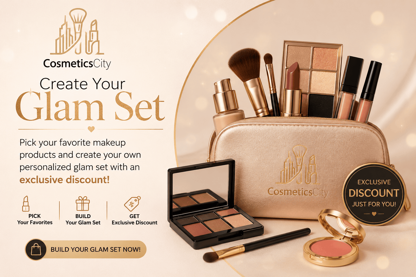 CosmeticsCity glam set with makeup products and a discount offer on a beige background