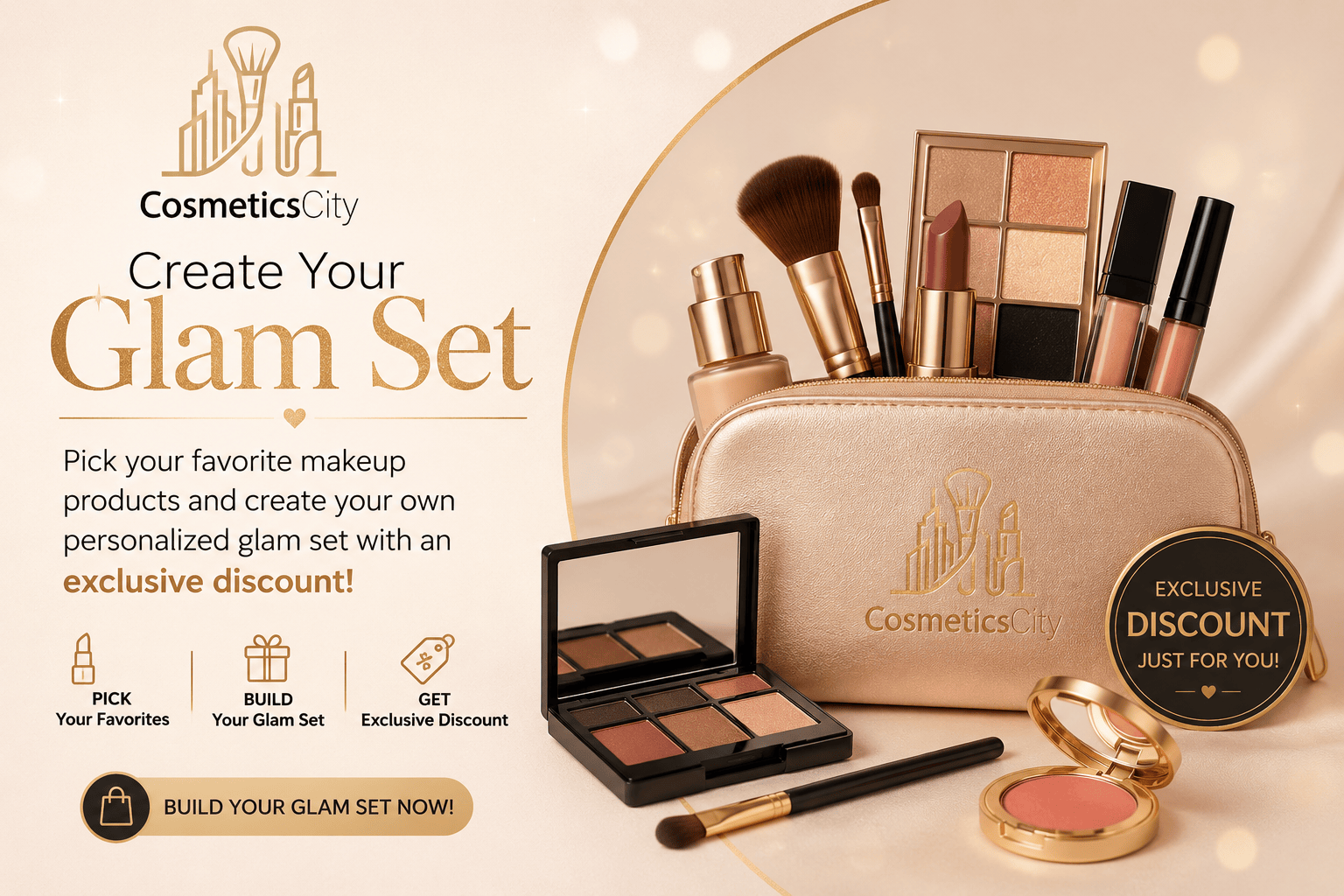CosmeticsCity glam set with makeup products and a discount offer on a beige background