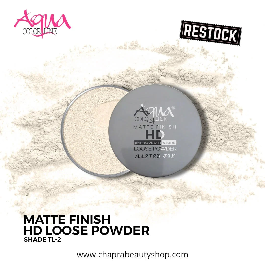 Matte finish HD loose powder in shade TL-2 with open container and powder spread on surface.