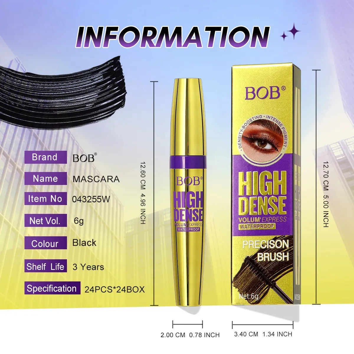 BOB High Dense Volume Express Waterproof Mascara 6g – Precision Brush (Black)