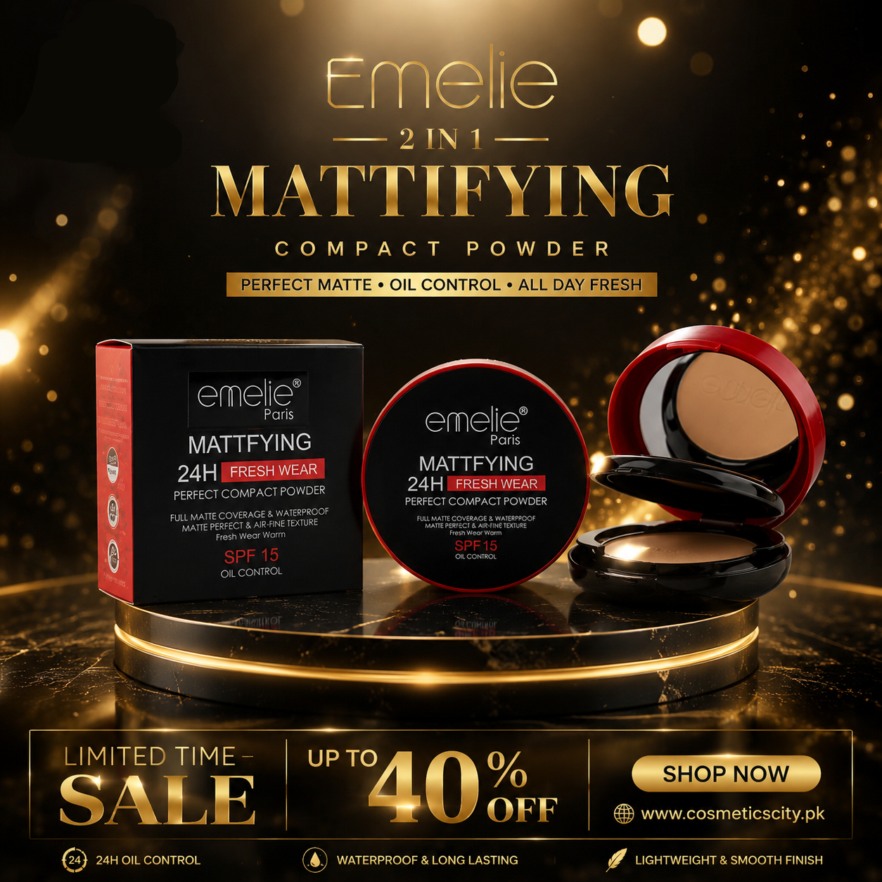 Emelie Paris Mattifying 24H Fresh Wear Compact Powder SPF 15 – Oil Control Waterproof Face Powder