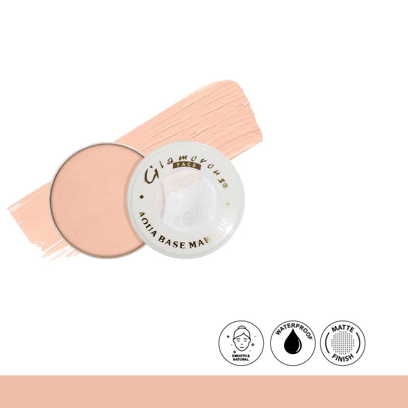 Glamorous Aqua Base Make-up with pink applicator on a white background