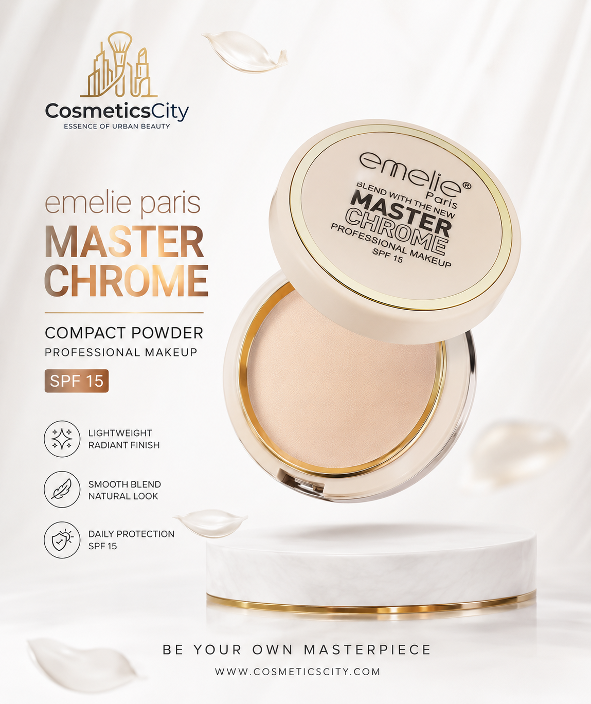 Emelie Paris Master Chrome Compact Powder SPF 15 – Professional Makeup Long Lasting Smooth Finish Face Powder