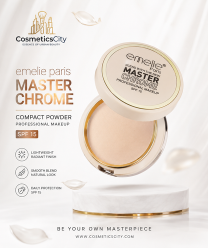 Emelie Paris Master Chrome Compact Powder SPF 15 – Professional Makeup Long Lasting Smooth Finish Face Powder