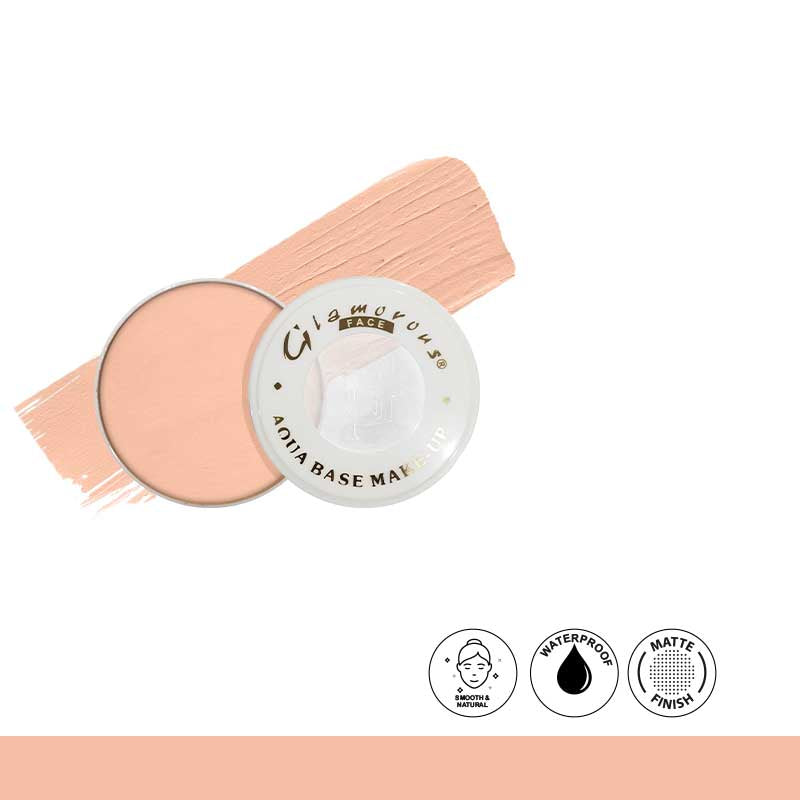 Glamorous Aqua Base Make-up with a pink applicator on a white background
