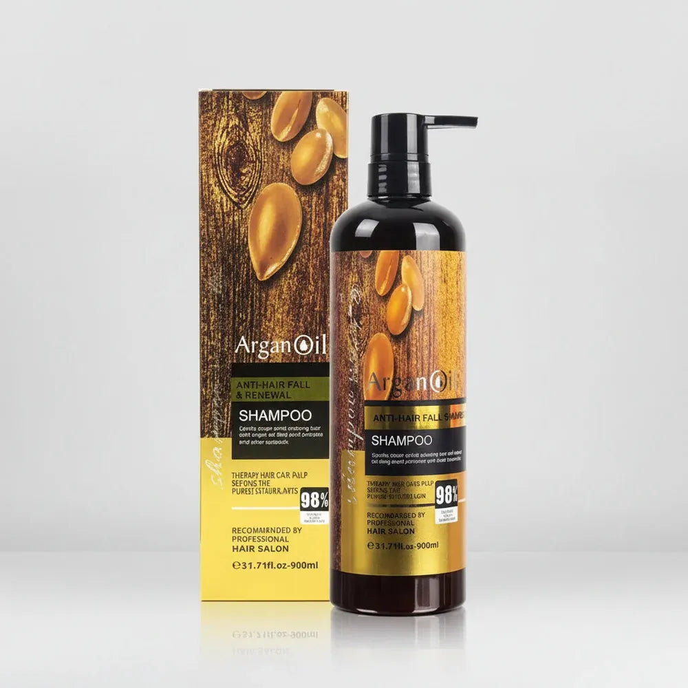 ArganOil Anti-Hairfall & Fall-Off Shampoo bottle with its matching retail box, both featuring a dark brown wood-grain design with golden argan nut illustrations, set against a light gray background.