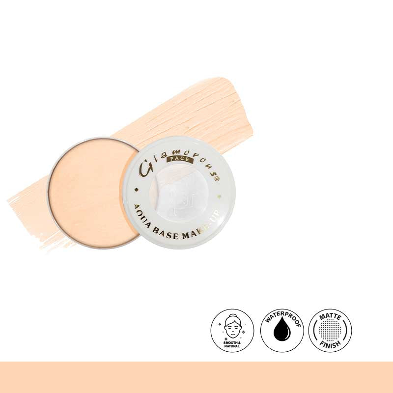 Glamorous Aqua Base Make-up with packaging and features on a white background