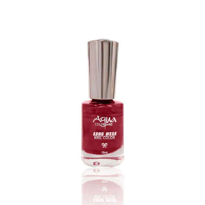 A bottle of Aqua Color Shine Long Wear Nail Color in a deep berry red shade, featuring a metallic silver cap, set against a plain white background with a soft reflection below.