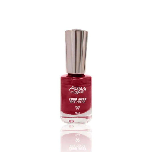A bottle of Aqua Color Shine Long Wear Nail Color in a deep berry red shade, featuring a metallic silver cap, set against a plain white background with a soft reflection below.