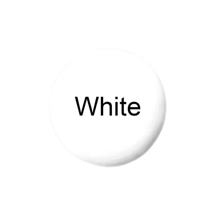 A circular white color swatch with the word 'White' printed in black sans-serif text in the center, set against a plain white background.