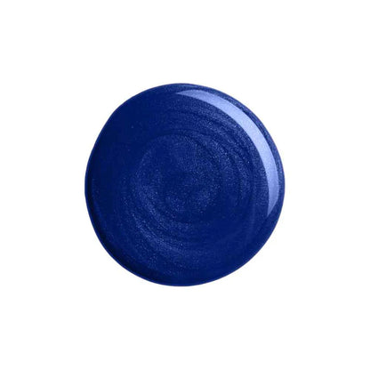 A circular swatch of deep cobalt blue nail polish with a subtle metallic sheen, centered on a plain white background.