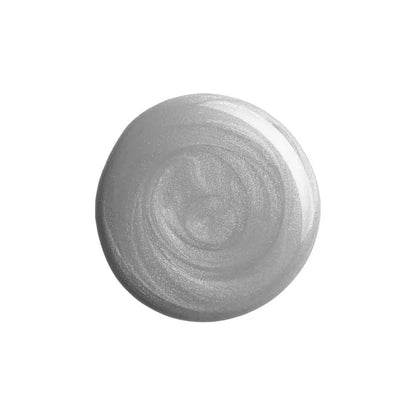 A circular swatch of shimmering silver nail polish or cream with a metallic finish, centered on a plain white background.