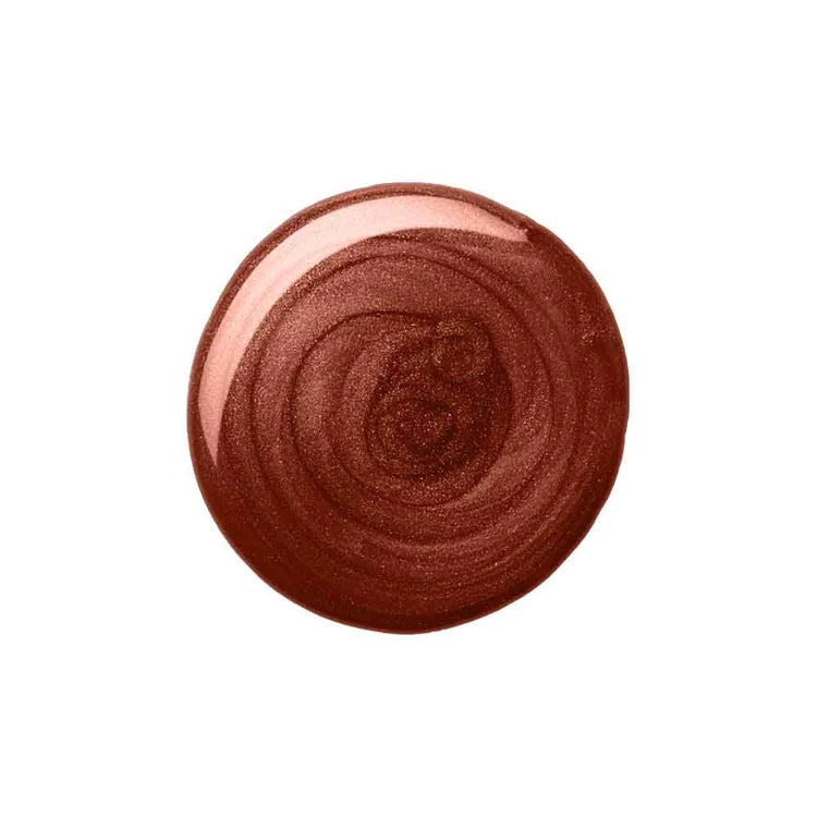 A circular swatch of metallic rose gold nail polish with a swirled texture, shown on a solid white background.