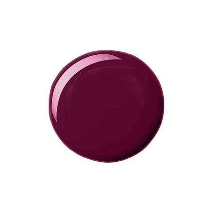 A glossy, circular swatch of deep burgundy nail polish on a solid white background.