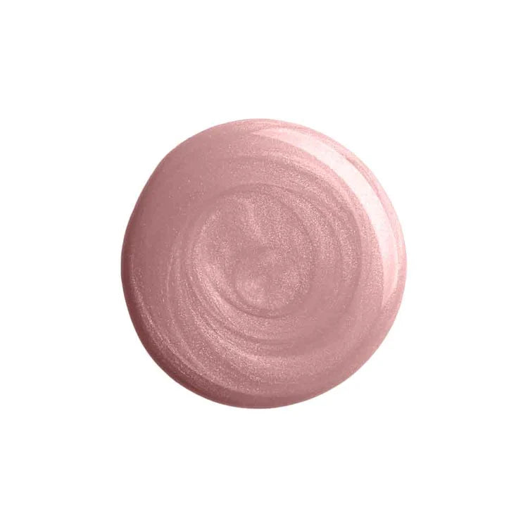 A circular swatch of shimmering metallic pink cosmetic cream, showing a swirled texture and reflective finish on a solid white background.