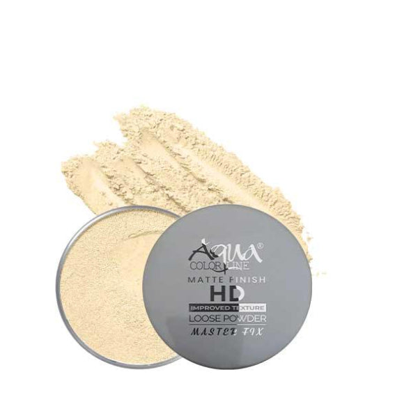 Aqua Color Line matte finish HD loose powder in open container with product texture visible, highlighting face glow, skin brightening, and softness benefits.