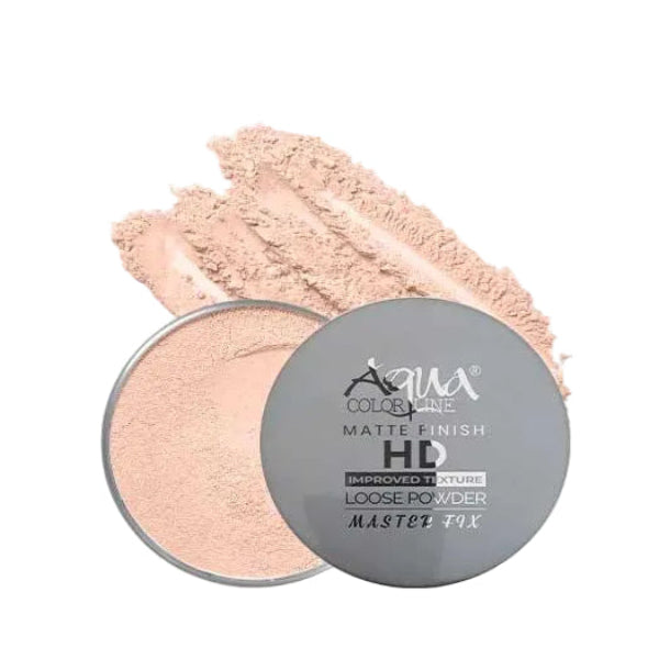 HD matte finish loose powder in open compact with light beige powder and benefits icons
