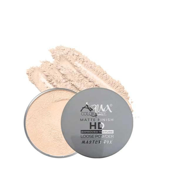 HD matte finish loose powder in open container with powder swatch, features listed below