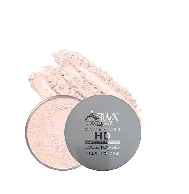 Matte finish HD loose powder container with powder swatch, glow and softness icons