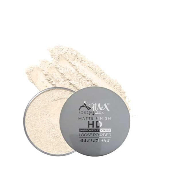 Aqua Color Line HD matte finish loose powder with product swatch and icons for glow, skin tone, and softness.