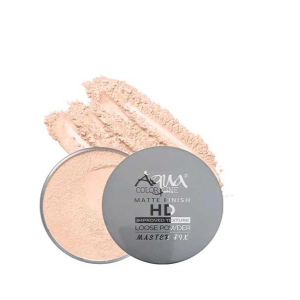 Matte finish HD loose powder in open container with light beige texture, product benefits icons below.