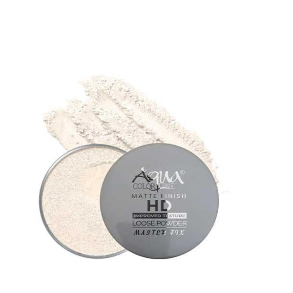 HD matte finish loose powder with open lid and powder texture, promotes glow and softness