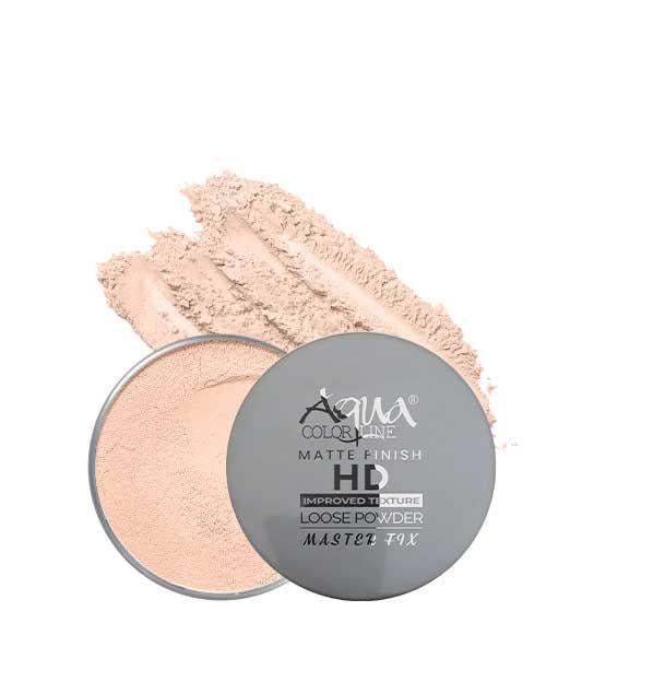 Aqua Color Line HD matte finish loose powder with open lid, light beige powder texture, icons highlighting glow, even skin tone, and softness.