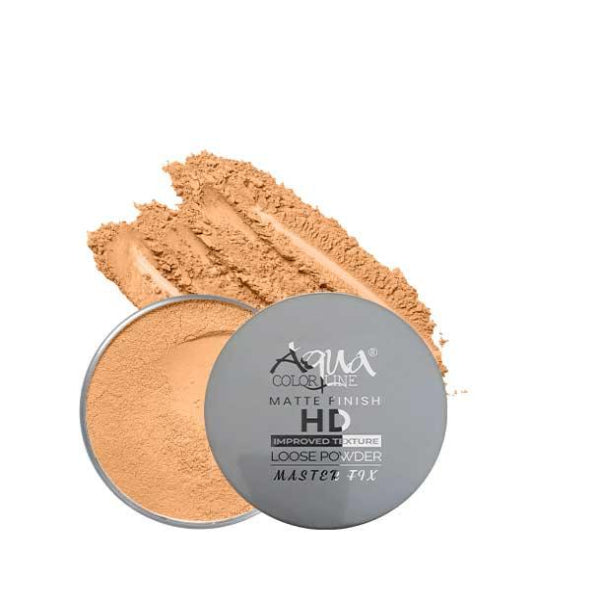 AQUA Colorline HD matte finish loose powder in open container with powder swatch, beauty icons below.