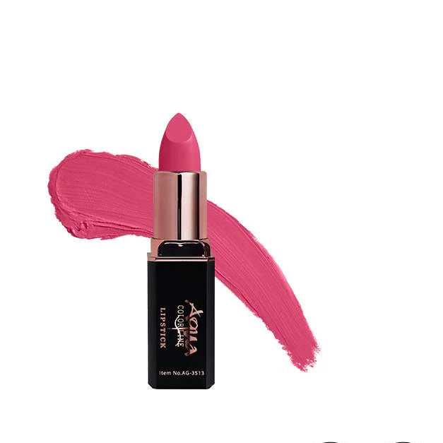 Pink lipstick with brand name on a white background