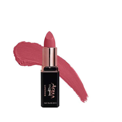 Lipstick with a swatch of pink color on a white background