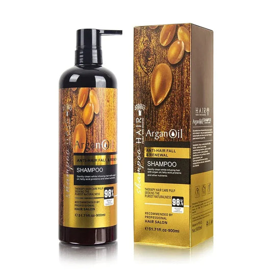 ArganOil Anti-Hair Fall Shampoo bottle and matching retail box, both featuring a dark brown bottle with a black pump and a label and box design in warm brown wood tones with golden argan nut illustrations.