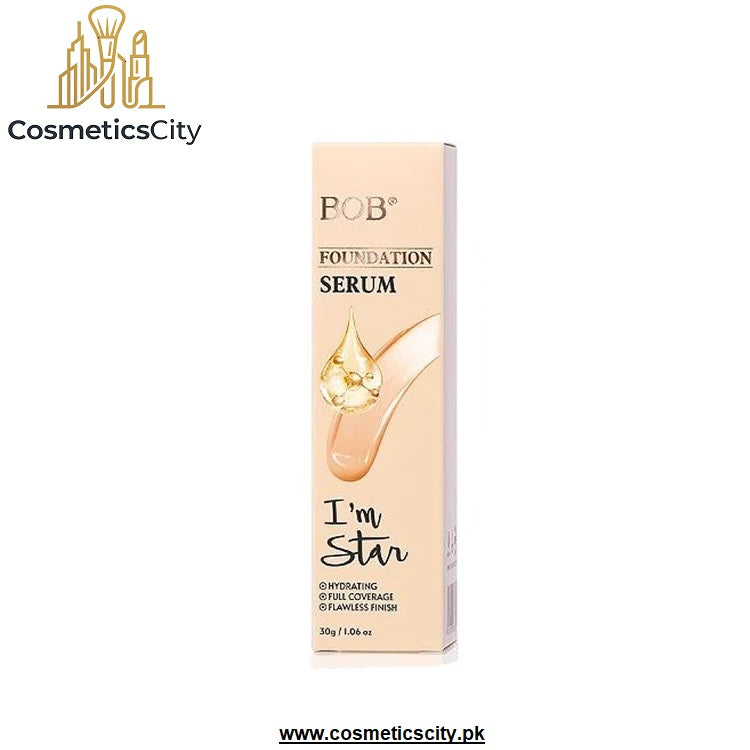 A box of POB Foundation Serum in the shade 'I'm Star', shown against a plain white background. The packaging is a pale peach-beige color with a graphic of a golden oil droplet on a peachy skin tone.
