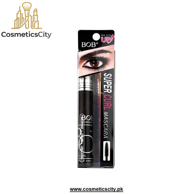Bob's Super Curl Mascara in black, shown in its retail packaging against a white background. The packaging features a close-up of a brown eye with defined eyelashes, the text 'BOB' and 'SUPER CURL MASCARA', and a pink 'UP!' accent.