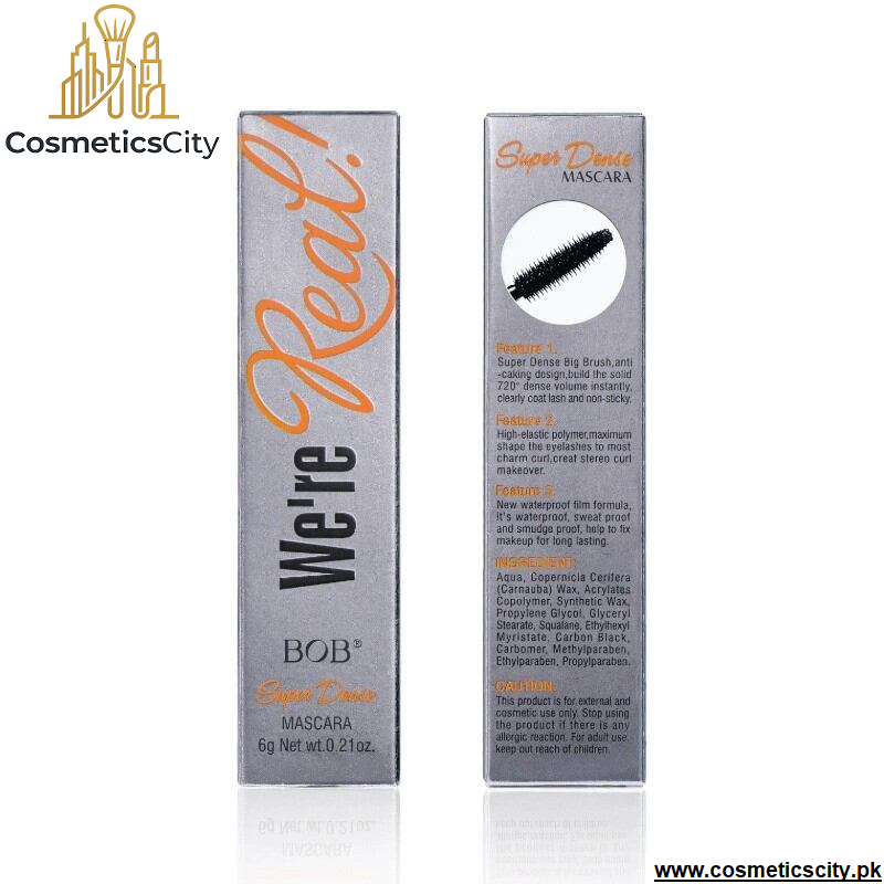 Two views of a Bob Bob's Super Dens Mascara box on a white background, showing the front and back packaging with orange and black text.