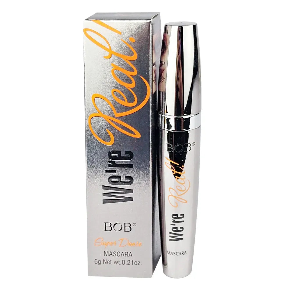 Bob's Redheads We're Real! mascara tube standing next to its silver packaging box on a white background.