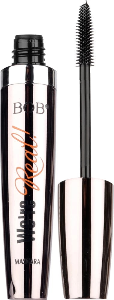 Bob's Reddy We're Real Mascara shown with the open black and metallic tube, the wand applicator, and the silver cap on a plain white background.