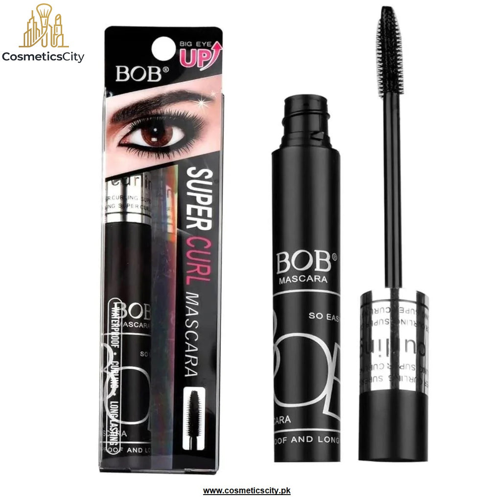 BOB Super Curl Mascara shown with its retail packaging, the open mascara tube, and the applicator wand on a plain white background. The packaging features a close-up of a brown eye wearing the mascara.