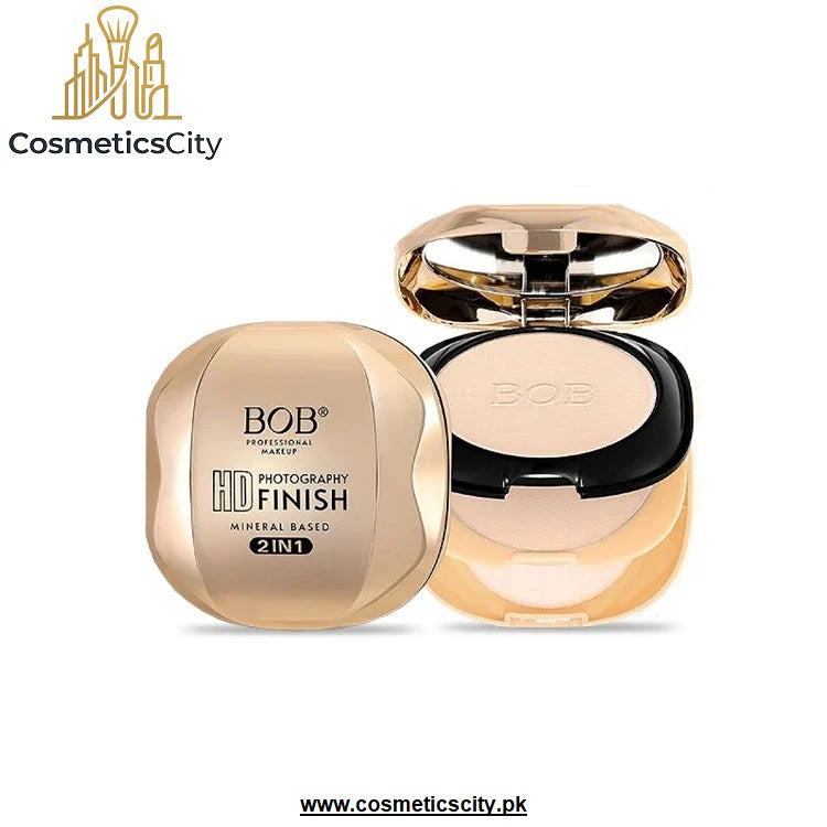 BOB Professional Makeup HD Photography Finish Mineral Based 2-in-1 compact shown closed and open on a white background, with the brand logo and website visible.