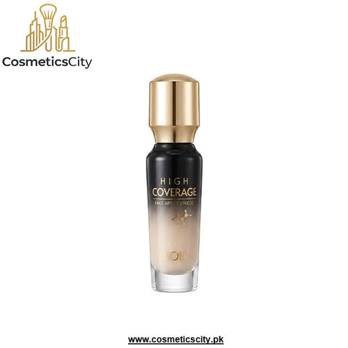 A bottle of L'Or’ High Coverage Face Paint Esthetic makeup foundation, featuring a black body that fades to beige at the bottom, topped with a metallic gold cap. The L'Or’ logo is visible on the bottle, and the CosmeticsCity brand logo is in the top-left corner.