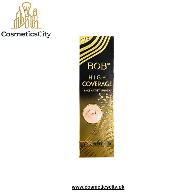 A 35ml box of BOB High Coverage Face Artist Studio foundation, featuring a black and gold design with a circular swatch of the beige liquid foundation on the front, set against a plain white background with a CosmeticsCity watermark.