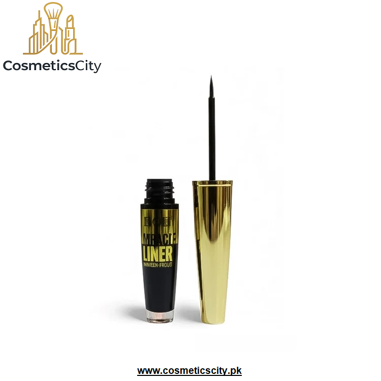 A tube of black eyeliner with a gold cap next to its applicator wand, shown on a white background with a 'CosmeticsCity' logo in the top left corner.