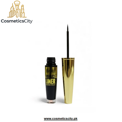 A tube of black eyeliner with a gold cap next to its applicator wand, shown on a white background with a 'CosmeticsCity' logo in the top left corner.