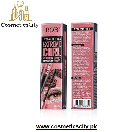 Bob's Redgent Extreme Curl Waterproof Mascara packaging shown in front and back views on a white background, with a CosmeticsCity watermark and website URL.