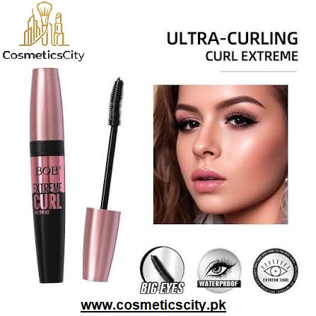 CosmeticsCity Bob's Extra Curl Extreme mascara shown with the tube, wand, and a model photo on a white background with product text and feature icons.