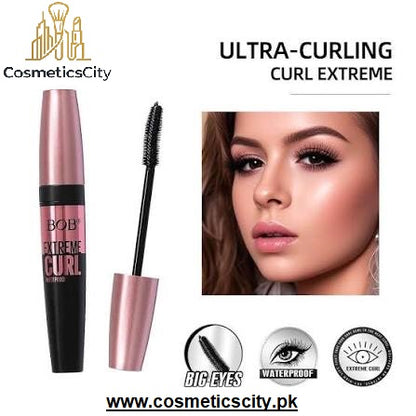 CosmeticsCity Bob's Extra Curl Extreme mascara shown with the tube, wand, and a model photo on a white background with product text and feature icons.