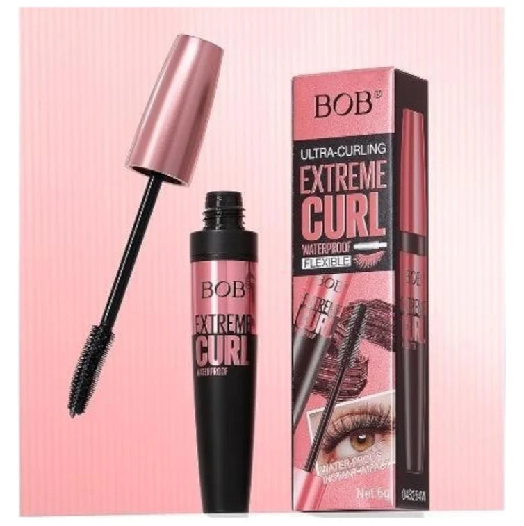 Bob Extreme Curl mascara with packaging on a pink background