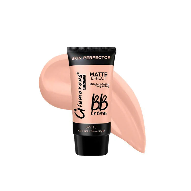 Glamorous Matte Effect BB Cream tube with a swatch on a white background