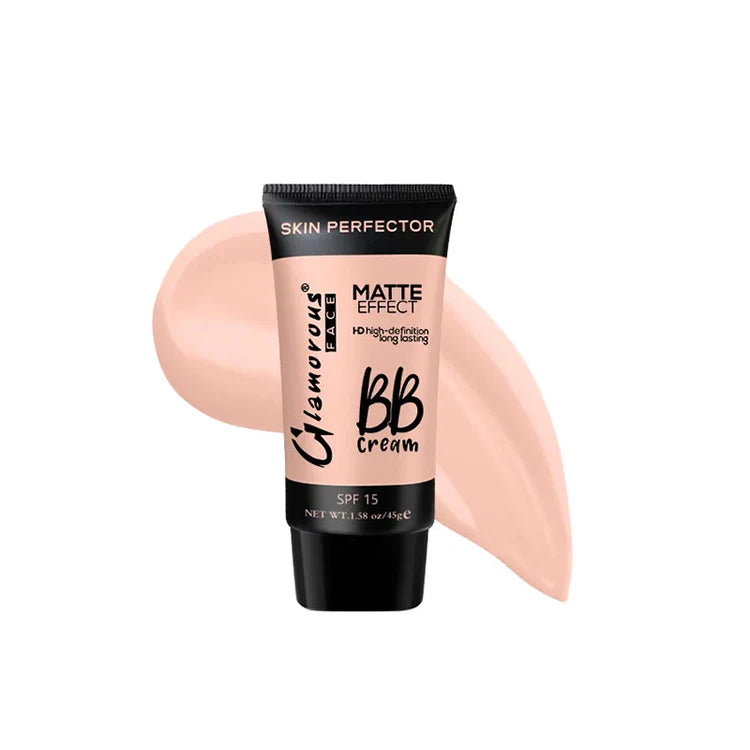 Glamorous Matte Effect BB Cream tube with a swatch on a white background